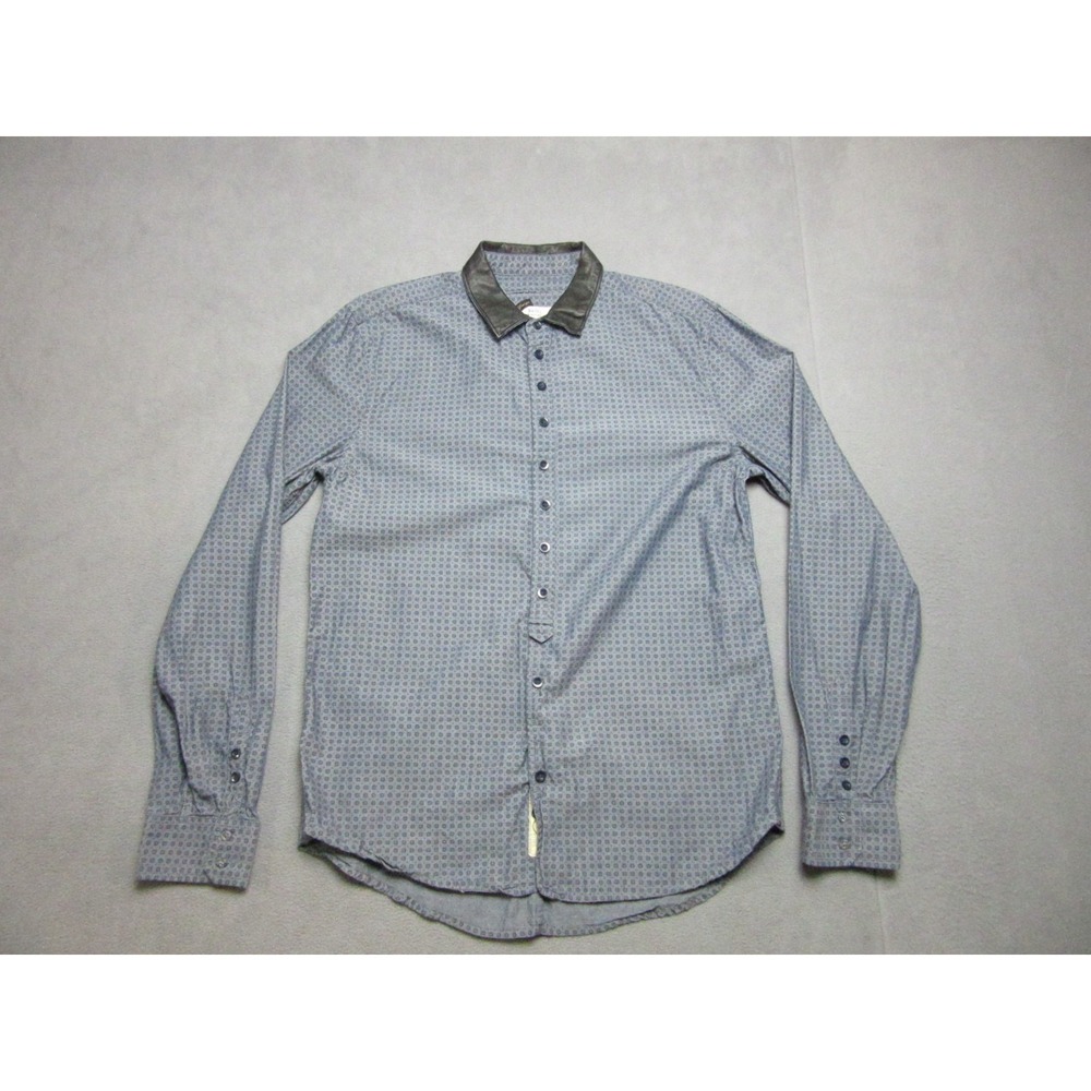 Diesel Shirt Men XL Gray Geometric Leather Collar Business Long Sleeve Button Up